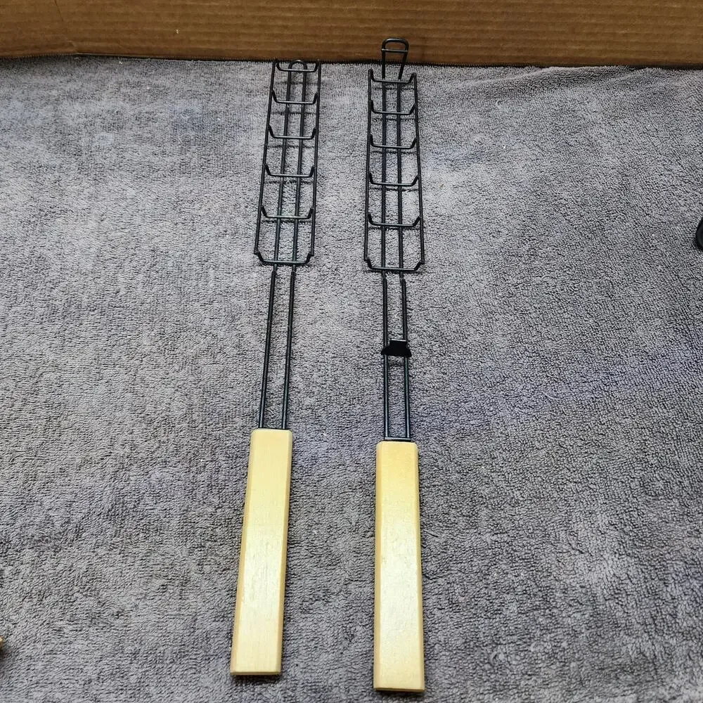 Set of 6 Grill Kabob sticks holders wooden handles b49